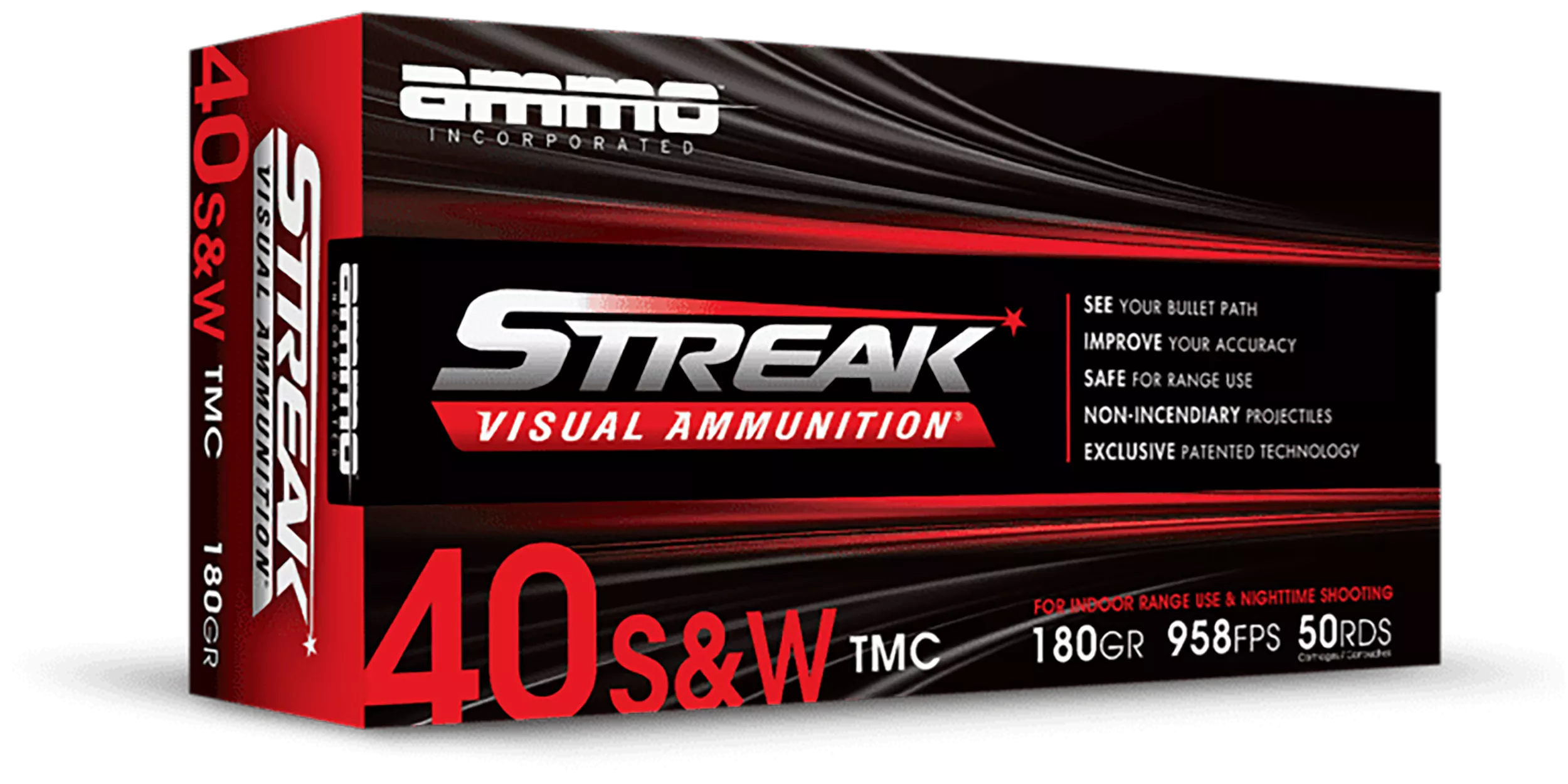 Ammo Inc Streak Visual (RED) Pistol Ammunition 40180TMCSTRKRED50, 40 S&W, Total Metal Case, 180GR, 958fps, 50 Rd/bx