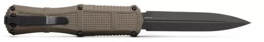 Benchmade Claymore Out the Front Automatic Knife w/Black Double Edge Dagger Blade, Tan Grivory Handle (3370GY-1)