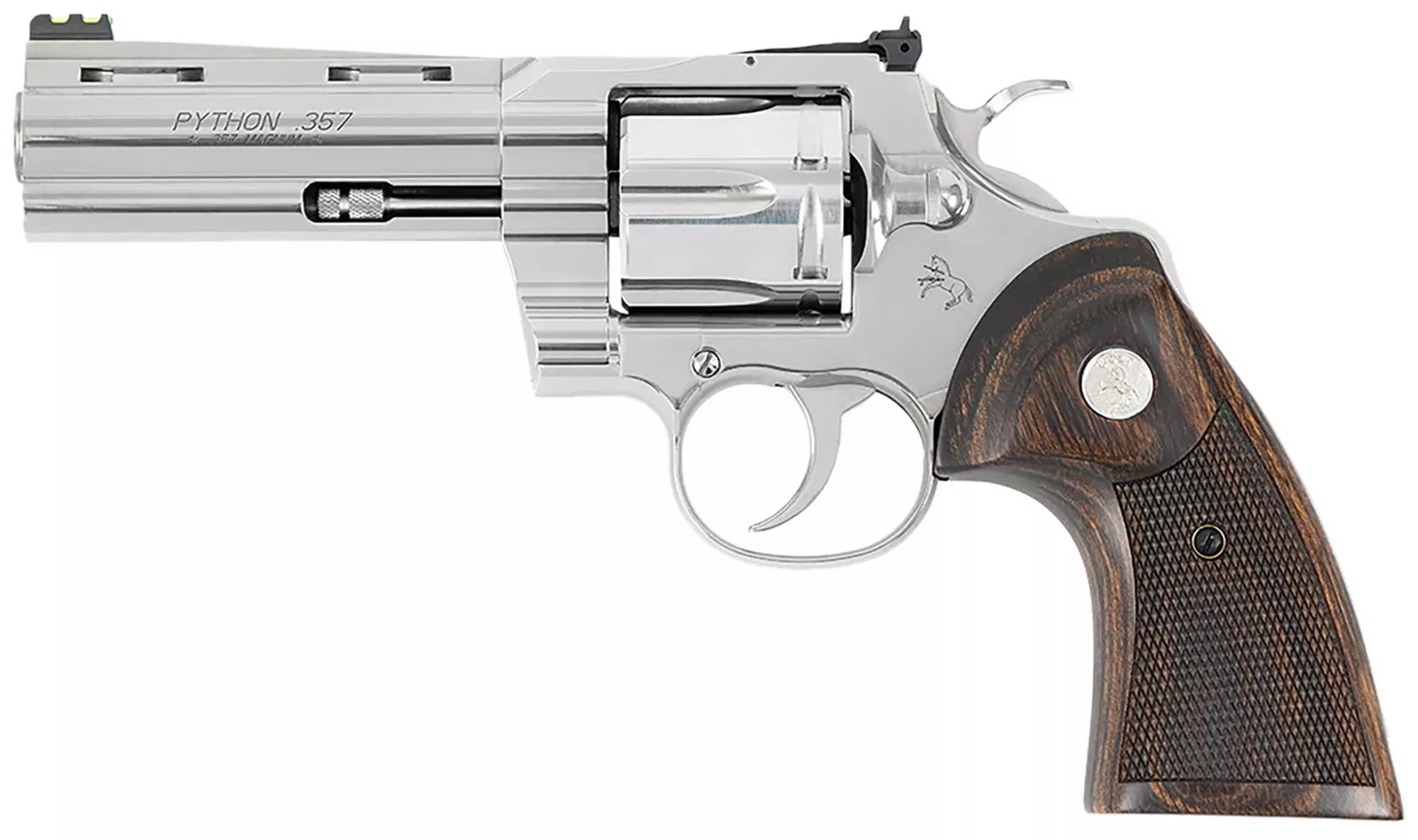 Colt Python Revolver, PYTHONSP4WFT, 357 Mag, 4.25", Walnut Target Grips, Stainless SteelFinish, 6rd