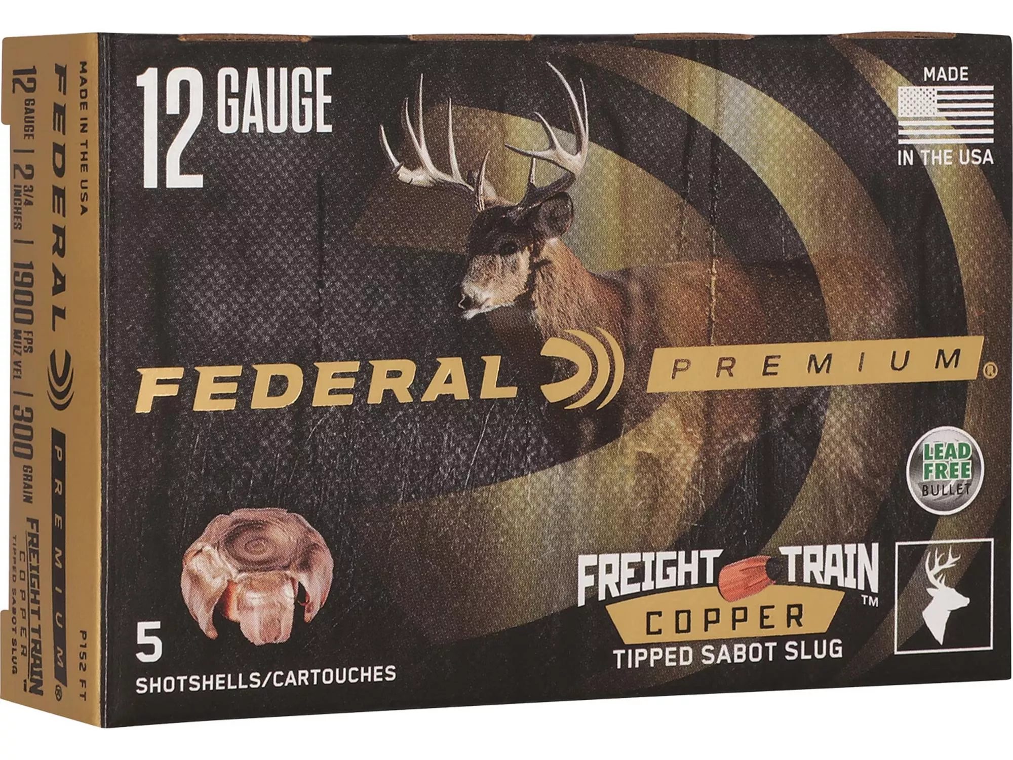 Federal Premium Freight Train Shotshells P152FT, 12 Gauge, 2-3/4", Copper Tipped Sabot Slug, 5 Rds/box