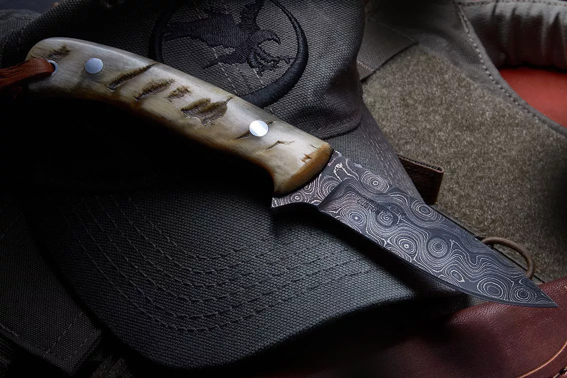 Nighthawk Custom Fixed Blade Knife, Ram Horn Handle, 3.75" Damasteel Blade (K325)