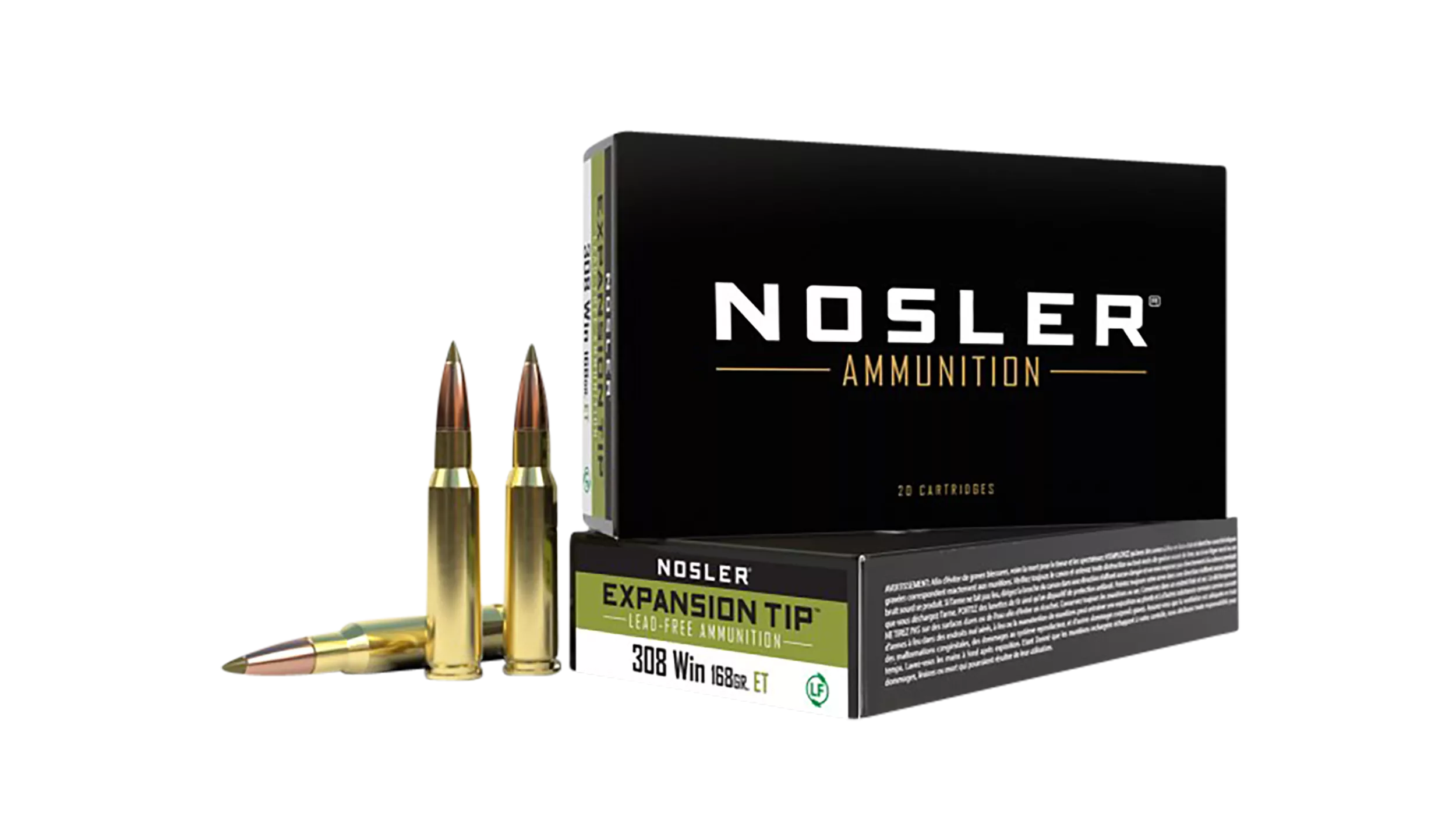 Nosler E-Tip Rifle Ammunition 40035, 308 Win, E-Tip Lead-Free, 168 gr, 2750 fps, 20 Rd/Bx