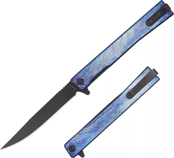 Ocaso Solistice Folding Knife, Black Straight Blade, Anodized Titanium Handle (10DBB)