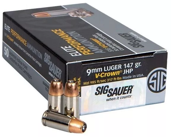 Sig Sauer Elite Performance Pistol Ammunition E9MMA350, 9mm, JHP V-Crown, 147 GR, 985 fps, 50 Rd/bx