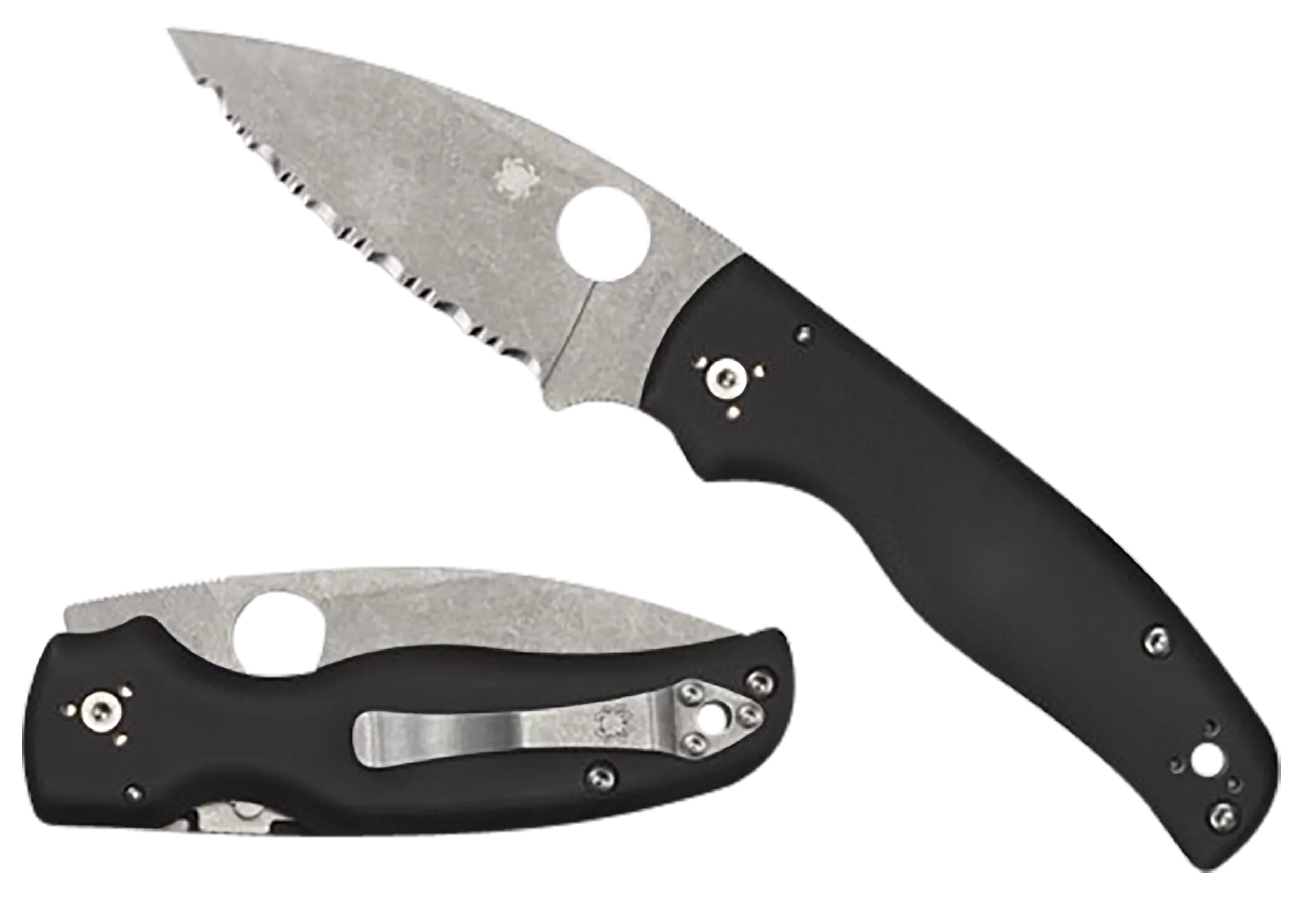 Sypdero Shaman Folding Knife, Stonewashed Serrated Blade, Black Handle (C229GP)