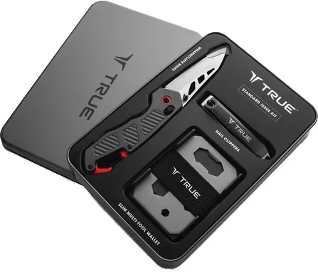 TRUE Standard Issue Kit (TRU-COM-0003) Nail Clippers, Wharncliffe Knife, and Multi-Tool Wallet Packaged in Gift Tin